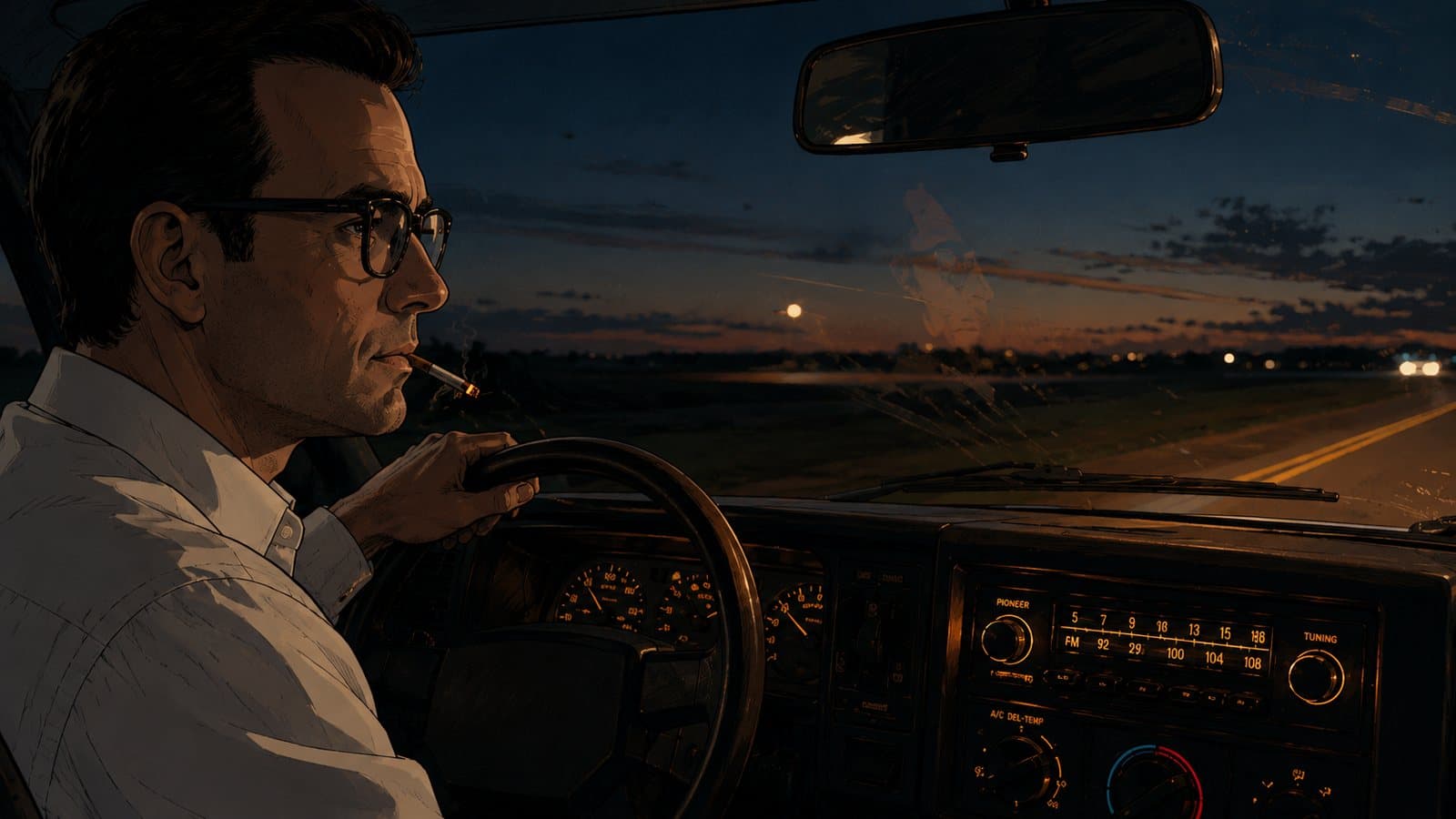 A father driving an Astro van at dusk, cigarette ember and dashboard lights glowing.