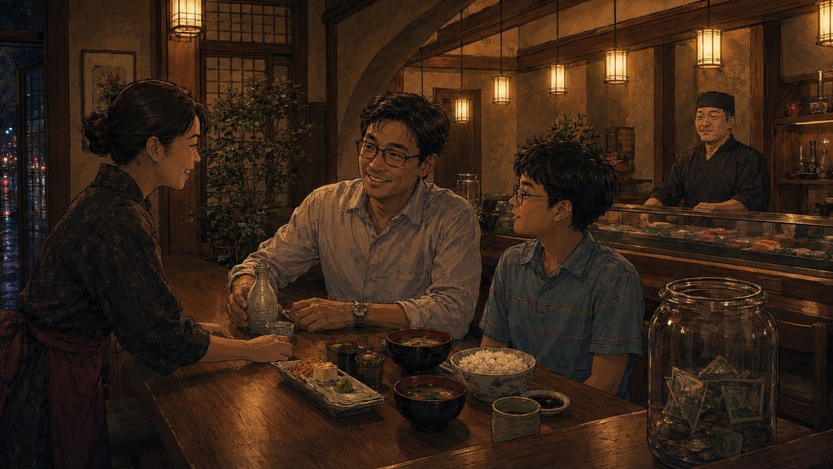 Father and son seated at a warmly lit sushi bar.