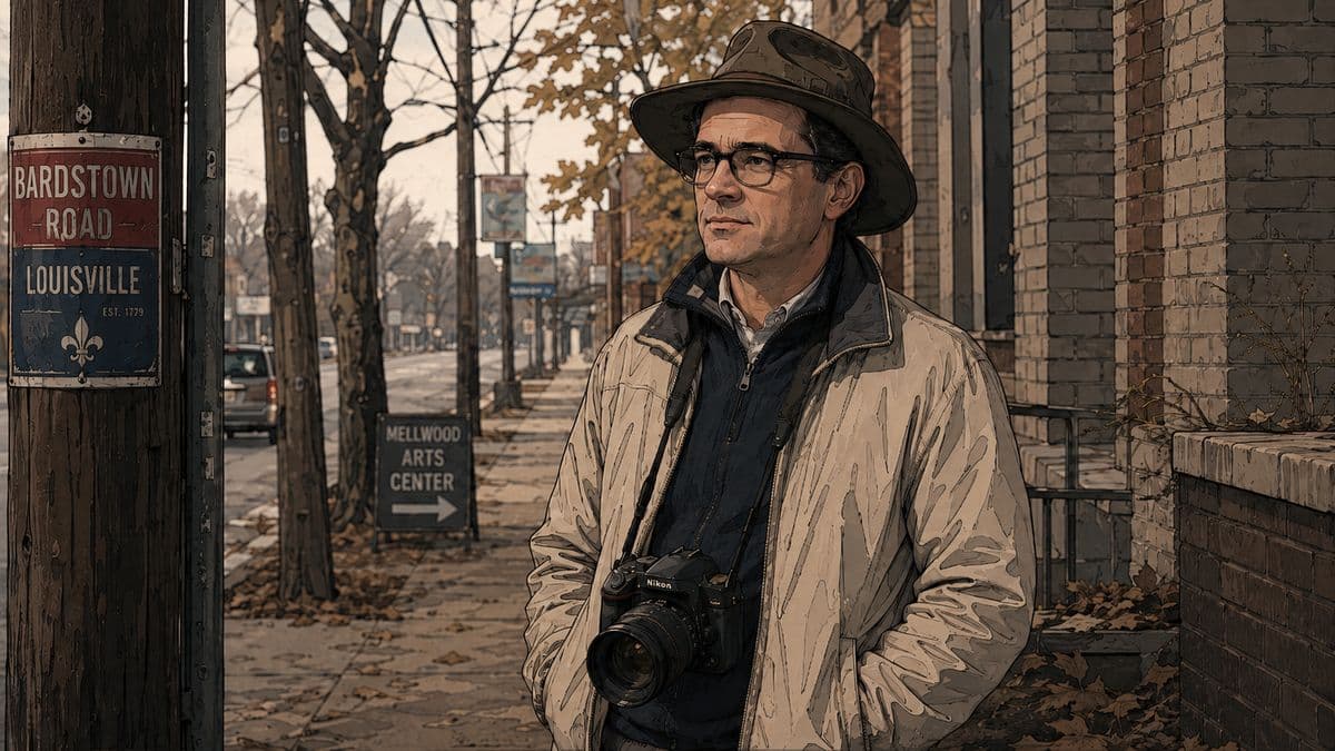 The father standing on Bardstown Road carrying a camera.