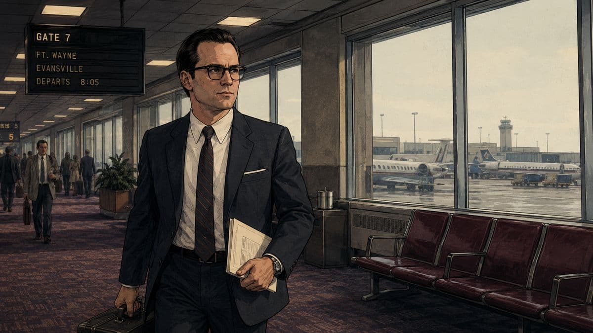The father walking through a period airport terminal in a dark business suit.