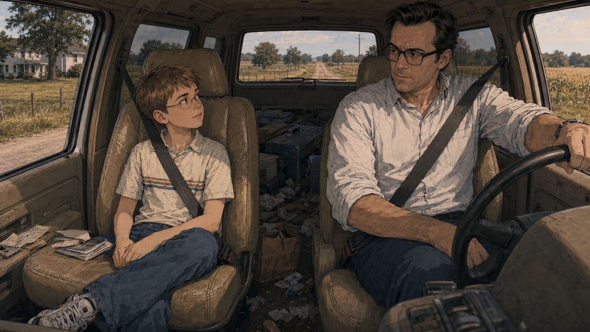 Father and son riding in the Astro van.